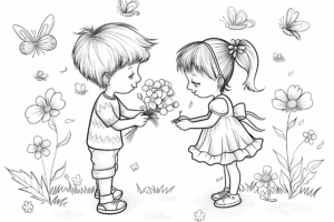 Розмальовка, хлопчик дарує квіти дівчинці
