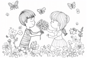 Розмальовка, хлопчик дарує квіти дівчинці